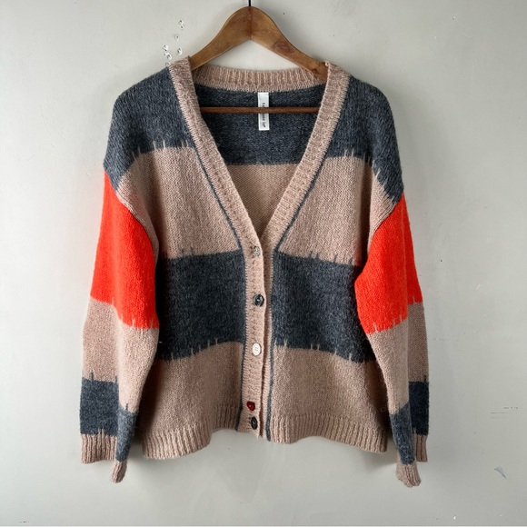 Tensione in Sweaters - TENSIONE IN Colorblock V-Neck Cardigan Sweater SZ Large Mohair Wool Blend Italy